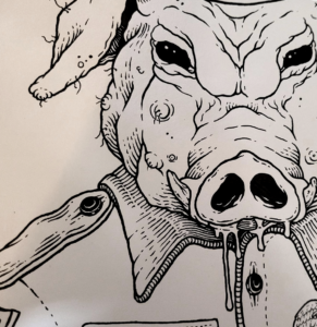 closeup of pig haram drawing