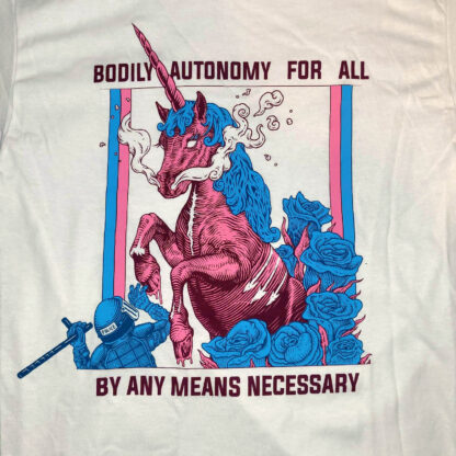 pink and blue unicorn attacking a police officer, with text reading "bodily autonomy for all, by any means necessary"